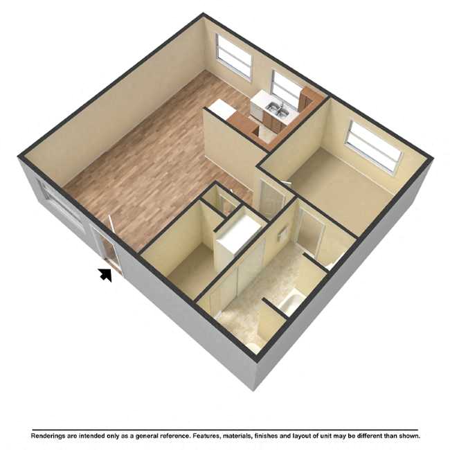 Floor plan for 1 bed, 1 bath, 712 sqft